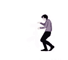 a man in a purple shirt is dancing in front of a sign that says no shit .