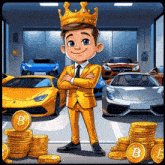 a cartoon of a man wearing a crown surrounded by stacks of coins with the letter b on them