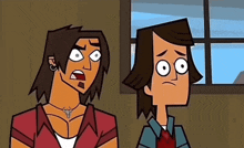 two cartoon characters are standing next to each other