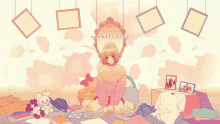a drawing of a girl sitting in front of a mirror with chinese writing on the wall behind her