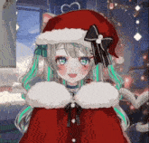 a girl with green hair and blue eyes is wearing a santa hat and a christmas outfit .