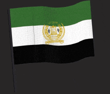 a green white and black flag with a gold coat of arms on it