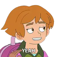 a cartoon girl with a backpack is smiling and saying yeah