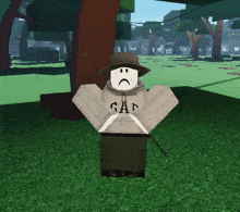 a roblox character with a sad face wearing a gap sweatshirt