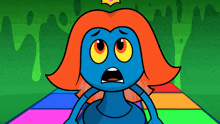 a blue and orange cartoon character with big eyes