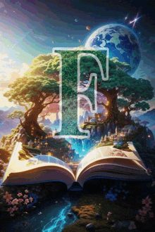 an open book with a tree in the middle and the letter f