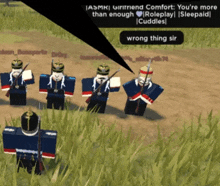 a group of soldiers are standing in a grassy field and one of them is talking about girlfriend comfort