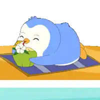 a cartoon penguin is eating a coconut with a flower in its mouth
