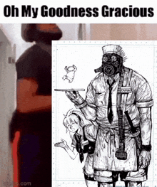 a black and white drawing of a man with a gas mask holding a tray next to a girl