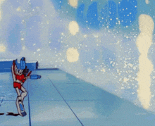 a cartoon character is flying through the air in front of a blue background