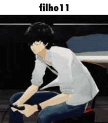 a man is sitting on a stool playing a video game with the words filho11 above him .