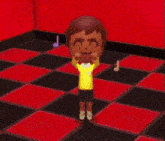 a cartoon character is dancing on a checkered floor with music notes behind him
