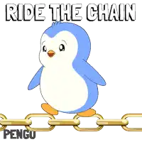 a penguin is standing on a gold chain with the words ride the chain behind it