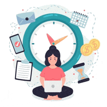 a woman is sitting on the floor with a laptop in front of a clock .