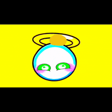 a cartoon character with green eyes and a yellow halo around his head
