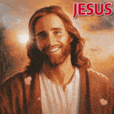 a painting of jesus with the word jesus written above him