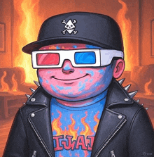 a cartoon drawing of a man wearing 3d glasses and a hat with a skull and crossbones on it