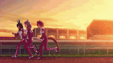 a group of people are running on a track and one of them has a tail