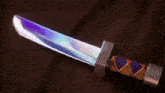 a knife with a purple blade is surrounded by black spots and red flames