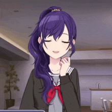 a girl with purple hair is smiling and holding her hand to her face