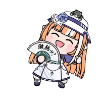 a cartoon of a little girl holding a fan with chinese writing on it