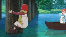 a boy in a boat is looking at a girl sitting on a wooden post