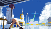 a pixel art illustration of a girl sitting on a bench