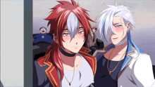 two anime characters with red hair and white hair are posing for a picture