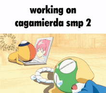 a cartoon character laying on the floor next to a laptop with the words " working on cagamierda smp 2 " above it
