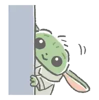a cartoon of a baby yoda peeking around a wall .