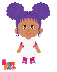a cartoon illustration of a girl with purple hair and the words hugga bunch below her