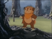 a cartoon character is standing in a forest with trees in the background