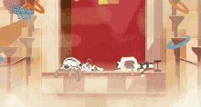 two dalmatian dogs laying on a window sill in front of a red door with disney premiere written on it