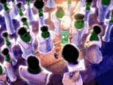 a group of people with green faces are standing in a line