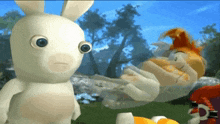 a cartoon rabbit is standing next to a cartoon rabbit