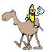 a cartoon banana is riding a camel and waving .