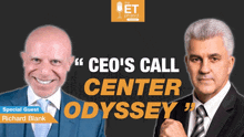 two men are standing next to each other with the words " ceo 's call center odyssey " behind them