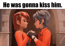 a cartoon of a boy and a girl holding hands with the words he was gonna kiss him above them