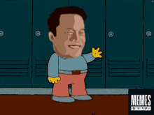 a cartoon of a man standing in front of lockers with memes for the people on the bottom