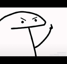 a black and white drawing of a stick figure with an angry face and a middle finger .