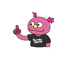 a cartoon of a pink bird with a yellow beak making a stop sign
