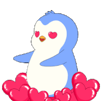 a penguin blowing a heart shaped balloon surrounded by hearts