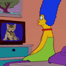 a cartoon of a woman sitting in front of a television with a cat on it