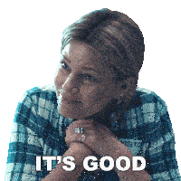 a woman in a plaid shirt says it 's good on a white background