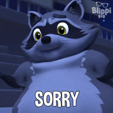 a picture of a raccoon with the word sorry on it