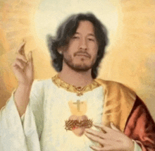 a man with a beard is dressed as jesus