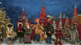 a group of cartoon characters are standing in front of a red tower with the letter r on it