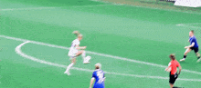 a blurry picture of a soccer game with a referee in the foreground .