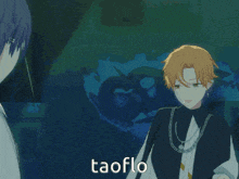 two anime characters standing next to each other with taoflo written in the corner
