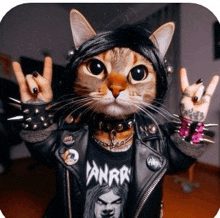 a cat wearing a leather jacket and a wig is making a rock sign .